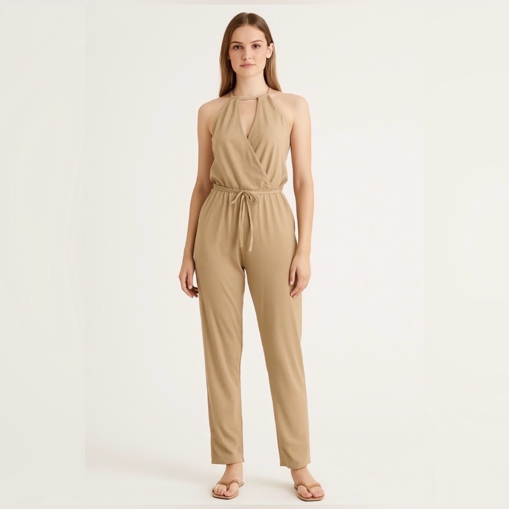 Mocking Jay Halter Wrap Front Drawstring Waist Jumpsuit in Tan‎